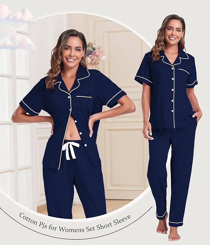 Women's 100% Cotton Pants Pajama Set - Short Sleeve - 2 Piece