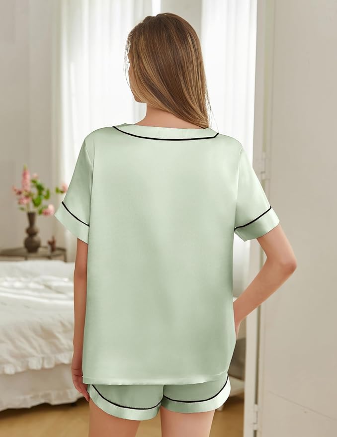 Women's Satin Pajama Set - Short Sleeve - 2 Piece