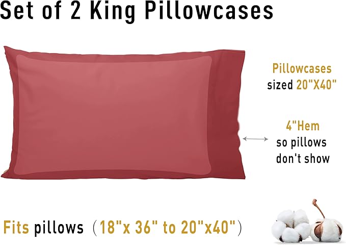 100% Cotton Pillowcase Set - King - 20 x 40 in - 2 Piece