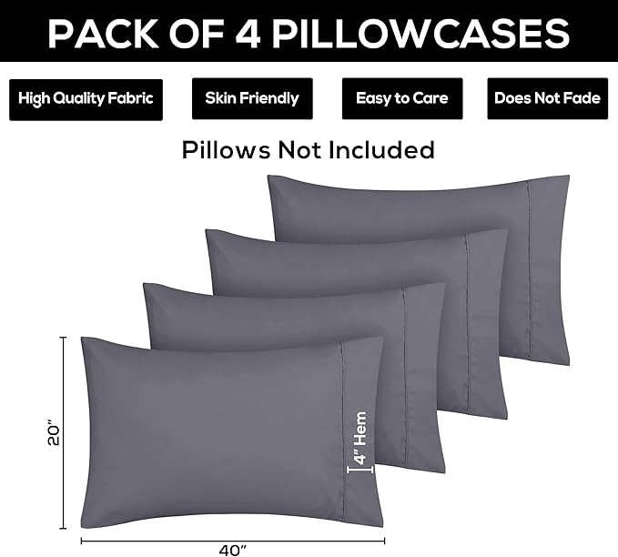 Microfiber Pillowcase Set - King - 20 x 40 in - 4 Pack