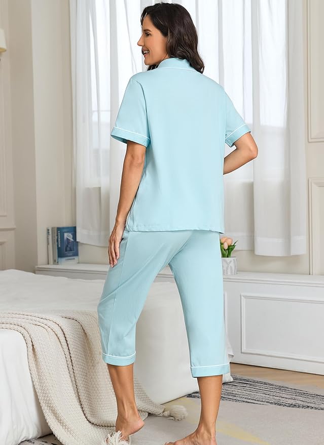 Women's 100% Cotton Capri Pajama Set - Short Sleeve - 2 Piece