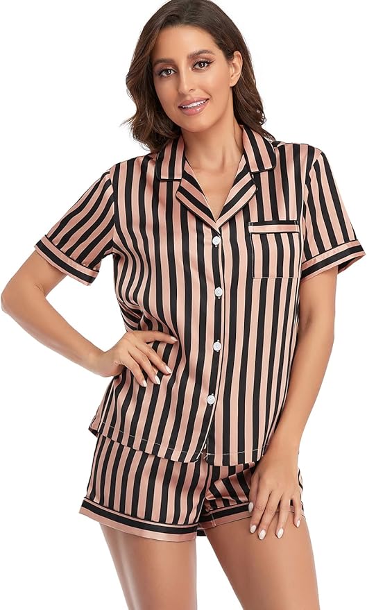 Women's Satin Pajama Set - Short Sleeve - 2 Piece