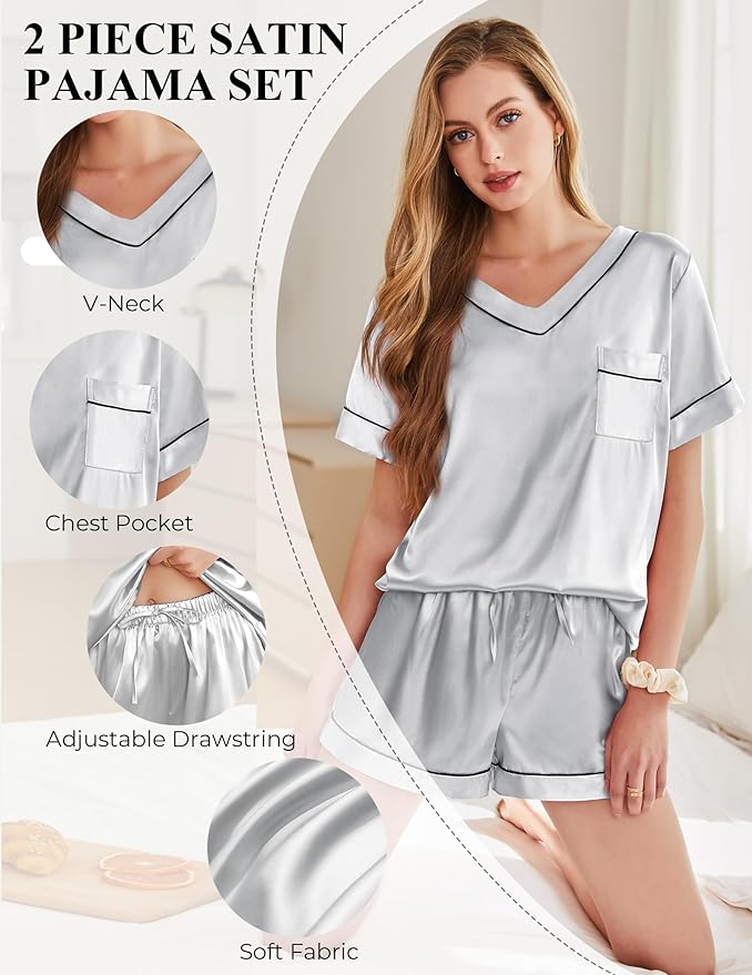 Women's Satin Pajama Set - Short Sleeve - 2 Piece