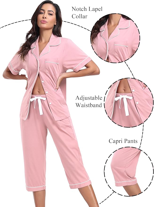 Women's 100% Cotton Capri Pajama Set - Short Sleeve - 2 Piece