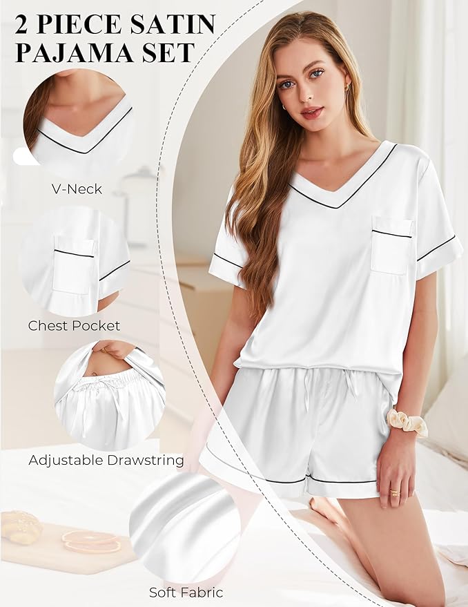Women's Satin Pajama Set - Short Sleeve - 2 Piece