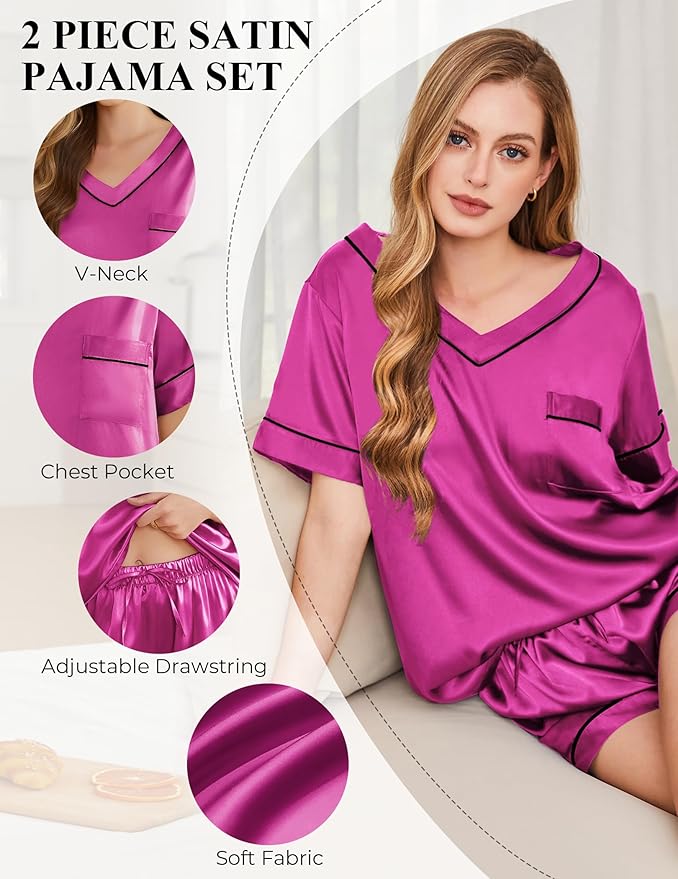 Women's Satin Pajama Set - Short Sleeve - 2 Piece