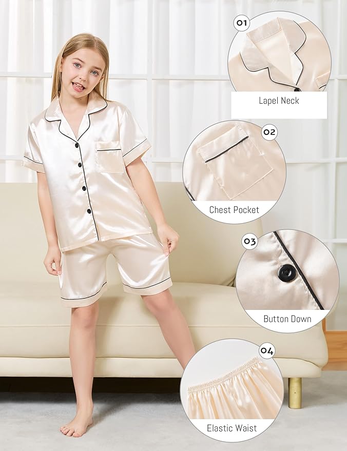 Satin Pajama Set - Short Sleeve - 2 Piece