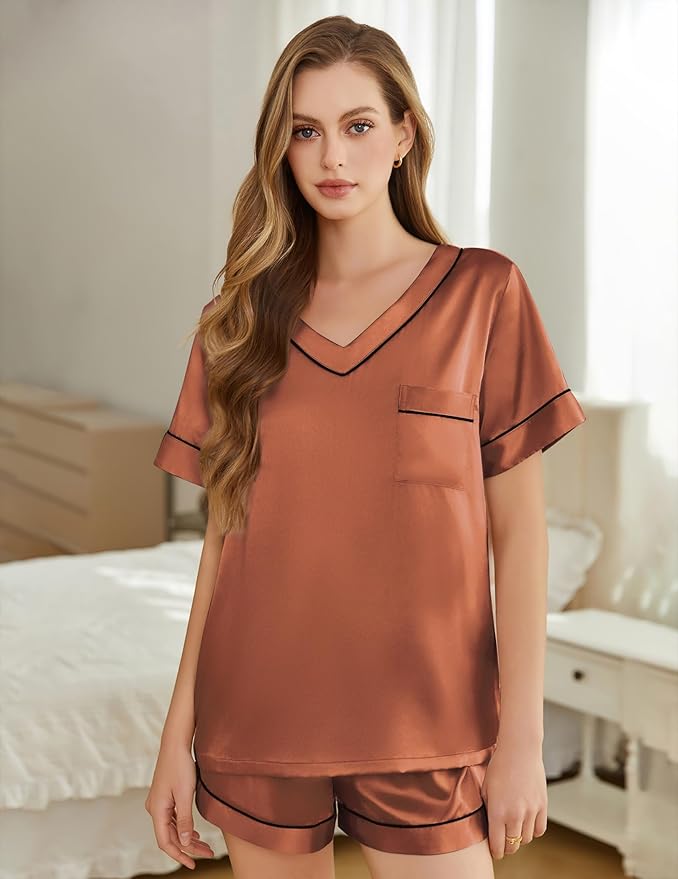 Women's Satin Pajama Set - Short Sleeve - 2 Piece
