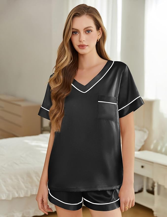 Women's Satin Pajama Set - Short Sleeve - 2 Piece
