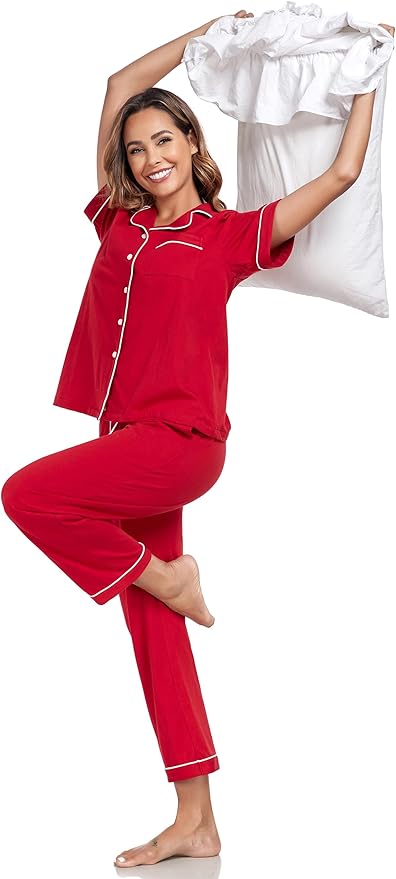 Women's 100% Cotton Pants Pajama Set - Short Sleeve - 2 Piece