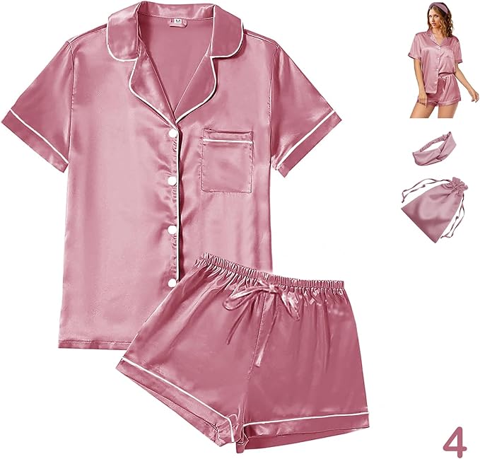 Satin Pajama Set - Short Sleeve - 4 Piece