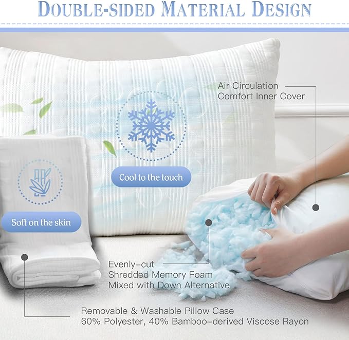 Memory Foam Cooling Bed Pillow - Queen - 2 Piece