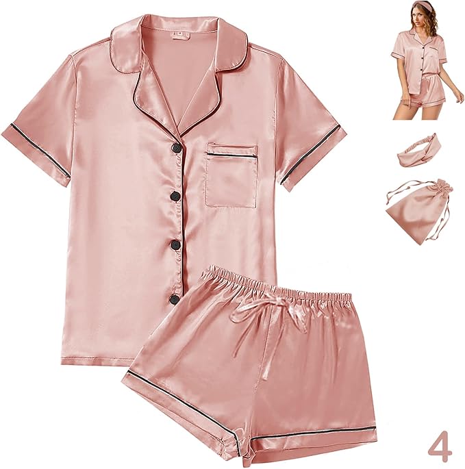 Satin Pajama Set - Short Sleeve - 4 Piece