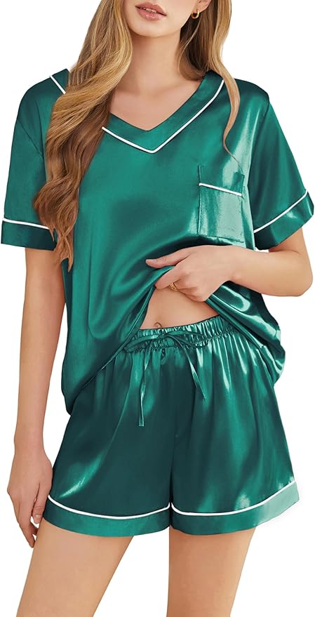 Women's Satin Pajama Set - Short Sleeve - 2 Piece