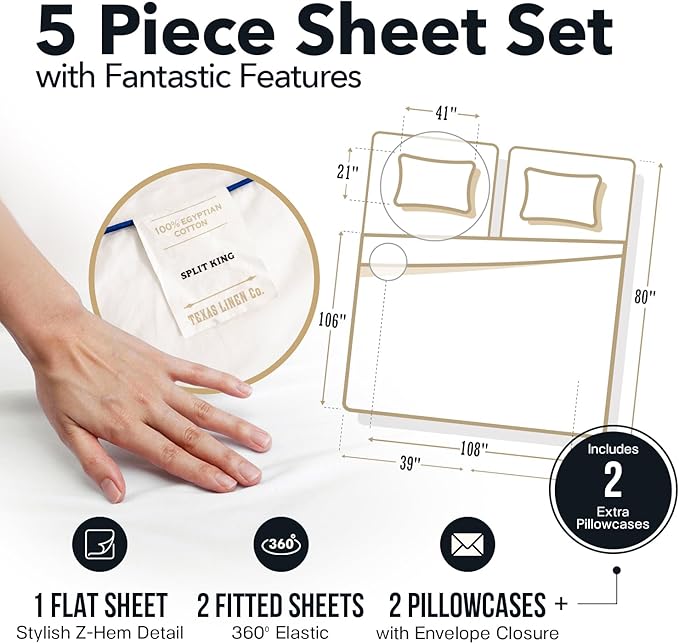 Linen Cooling Bed Sheet Set - Split King - 17 in Deep Pocket - 5 Piece