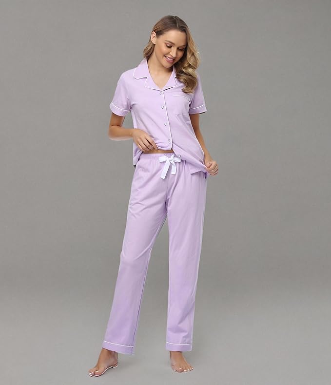 Women's 100% Cotton Pants Pajama Set - Short Sleeve - 2 Piece