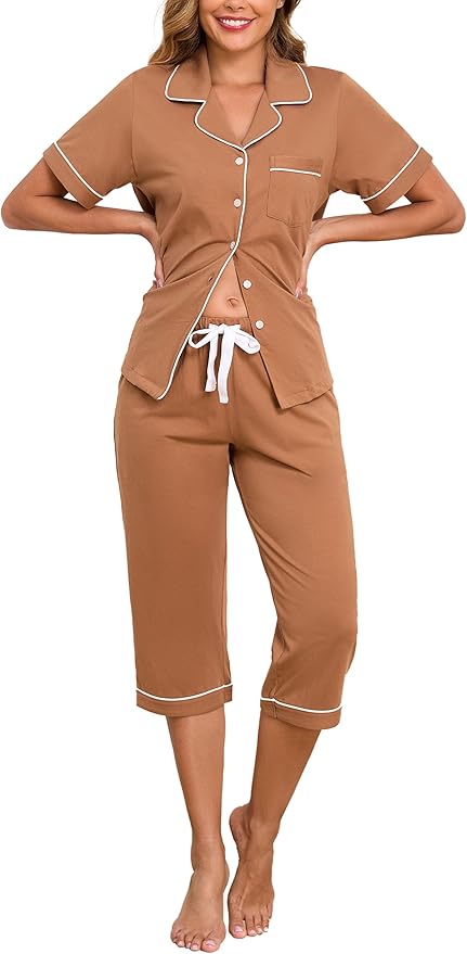 Women's 100% Cotton Capri Pajama Set - Short Sleeve - 2 Piece
