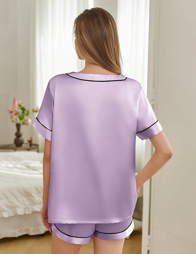 Women's Satin Pajama Set - Short Sleeve - 2 Piece