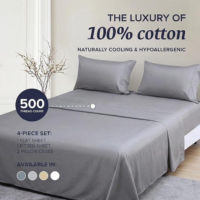 100% Cotton Bed Sheet Set - King - 4 Piece