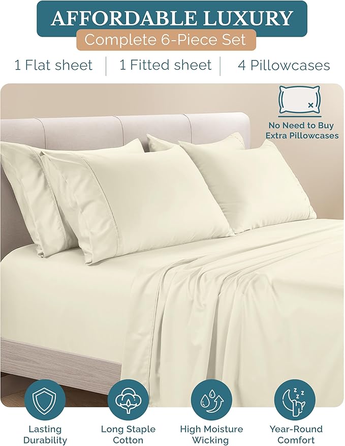 100% Cotton Bed Sheet Set - Split King - 7 Piece