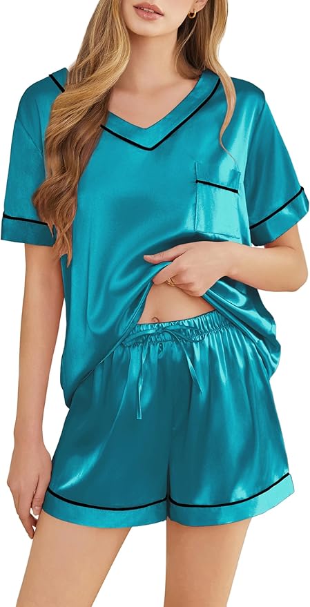 Women's Satin Pajama Set - Short Sleeve - 2 Piece
