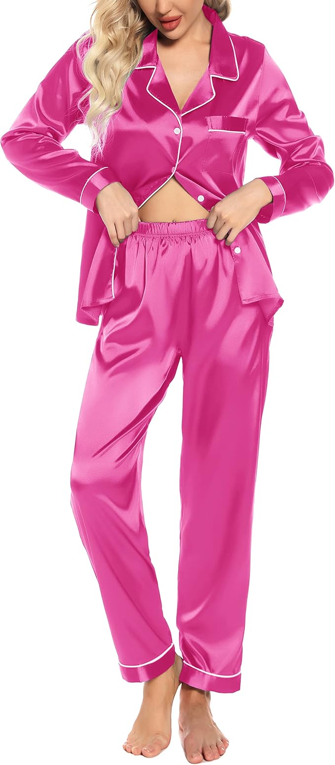 Women's Satin Pajama Set - Long Sleeve - 2 Piece