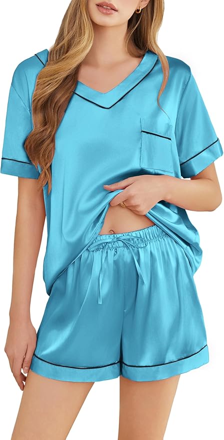 Women's Satin Pajama Set - Short Sleeve - 2 Piece