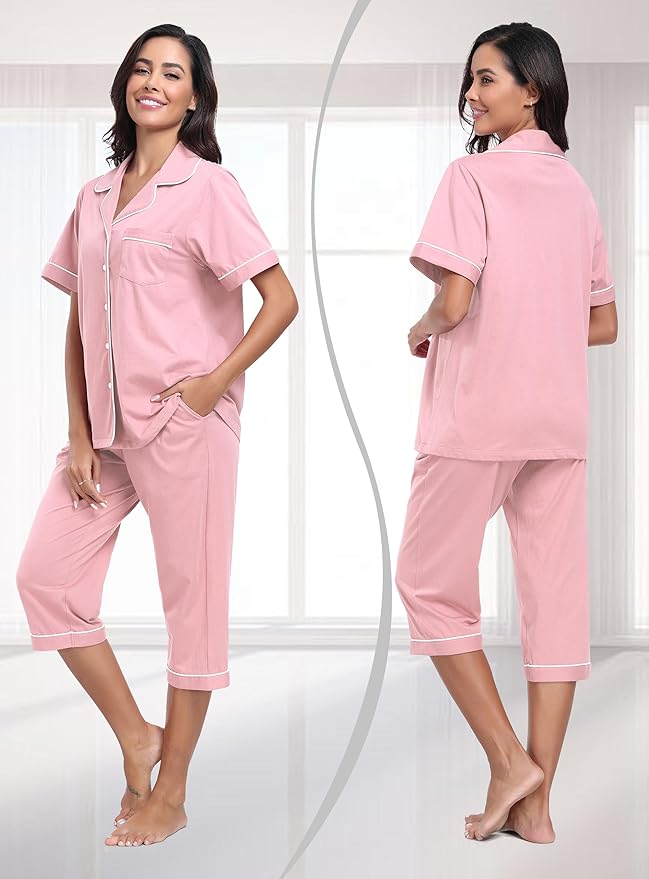 Women's 100% Cotton Capri Pajama Set - Short Sleeve - 2 Piece