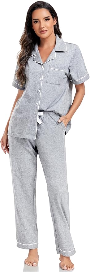 Women's 100% Cotton Pants Pajama Set - Short Sleeve - 2 Piece