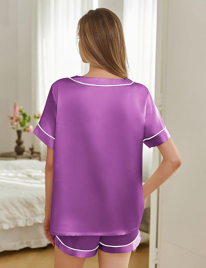 Women's Satin Pajama Set - Short Sleeve - 2 Piece