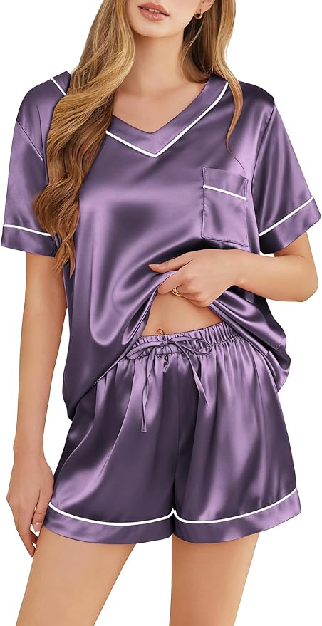 Women's Satin Pajama Set - Short Sleeve - 2 Piece