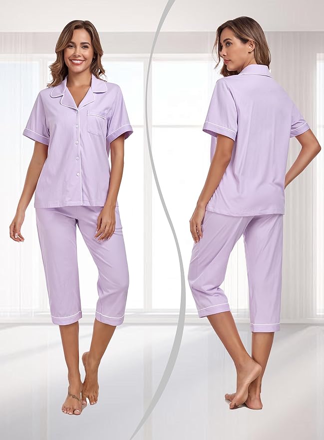 Women's 100% Cotton Capri Pajama Set - Short Sleeve - 2 Piece