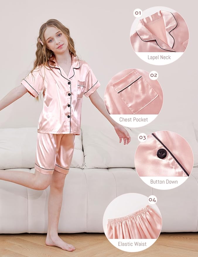 Satin Pajama Set - Short Sleeve - 2 Piece