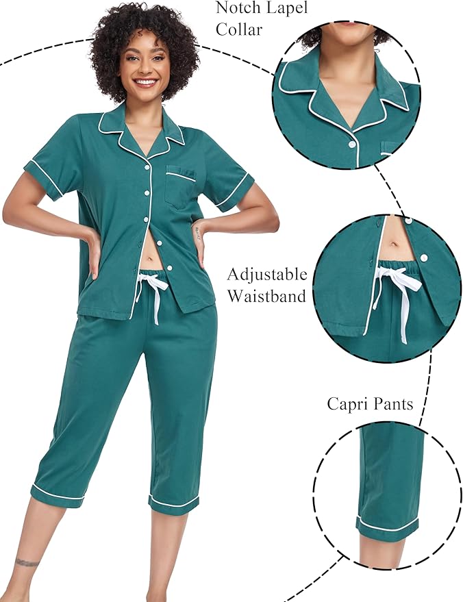 Women's 100% Cotton Capri Pajama Set - Short Sleeve - 2 Piece