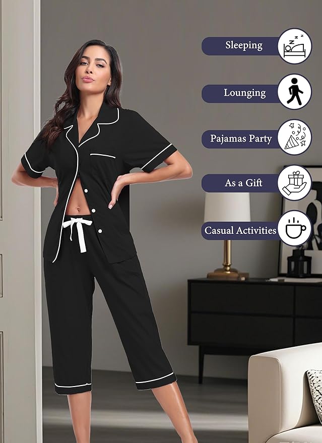 Women's 100% Cotton Capri Pajama Set - Short Sleeve - 2 Piece