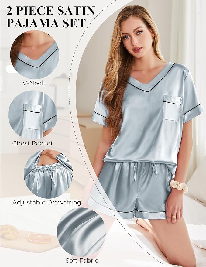 Women's Satin Pajama Set - Short Sleeve - 2 Piece