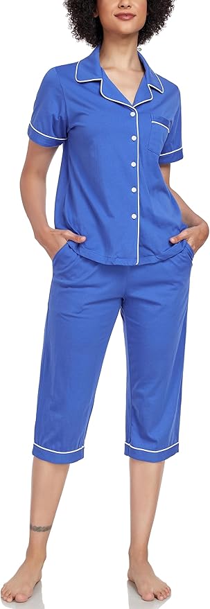 Women's 100% Cotton Capri Pajama Set - Short Sleeve - 2 Piece