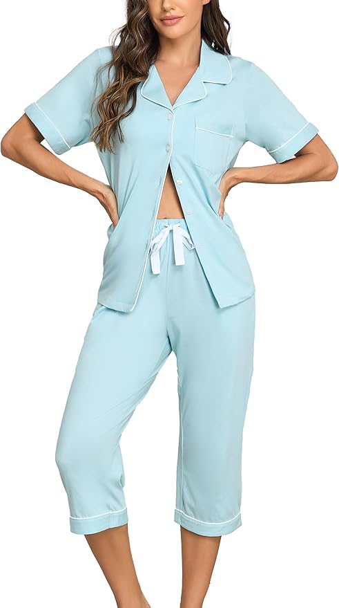 Women's 100% Cotton Capri Pajama Set - Short Sleeve - 2 Piece