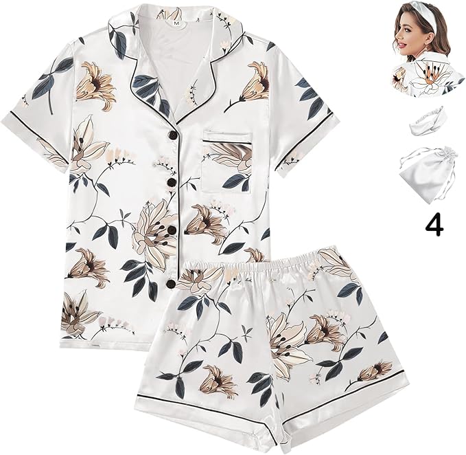 Satin Pajama Set - Short Sleeve - 4 Piece