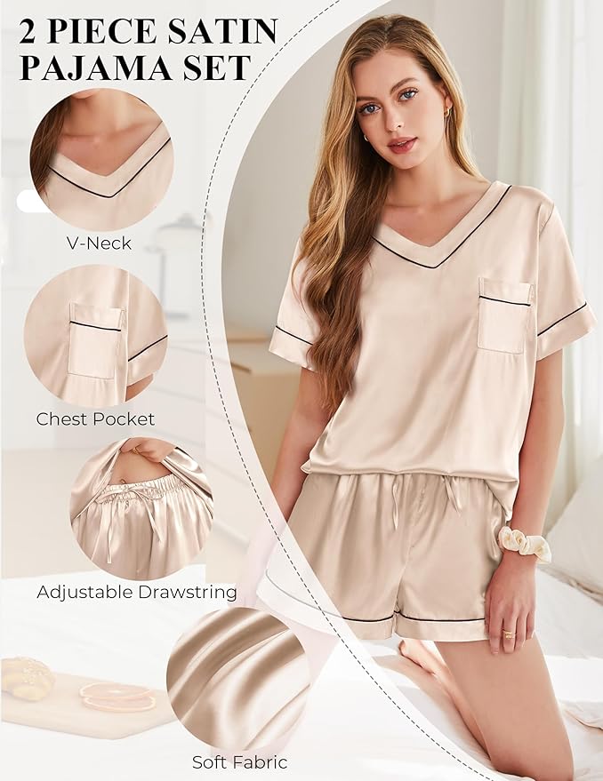 Women's Satin Pajama Set - Short Sleeve - 2 Piece