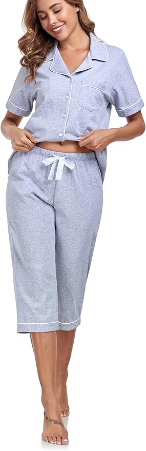 Women's 100% Cotton Capri Pajama Set - Short Sleeve - 2 Piece