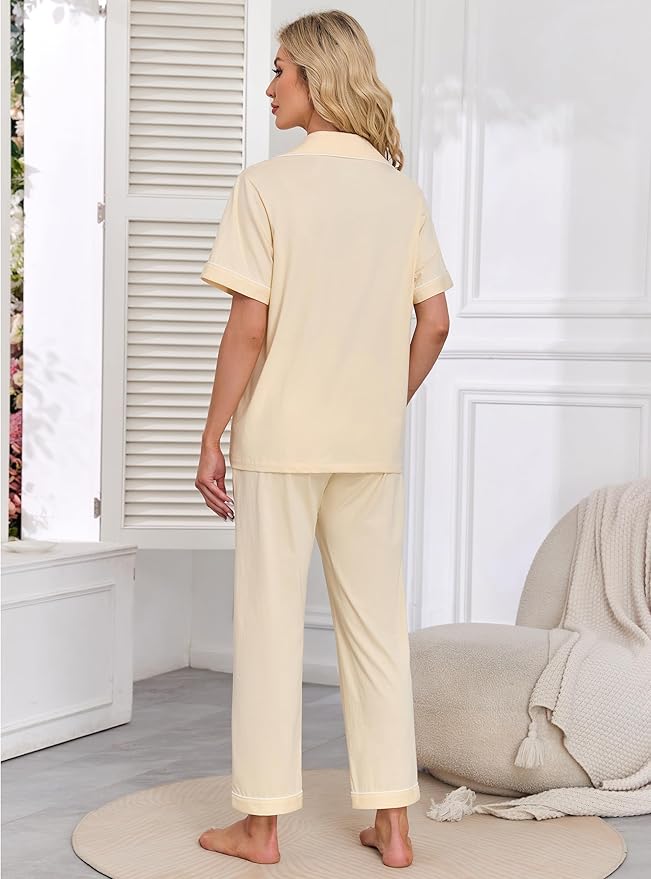 Women's 100% Cotton Pants Pajama Set - Short Sleeve - 2 Piece