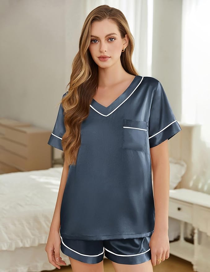 Women's Satin Pajama Set - Short Sleeve - 2 Piece
