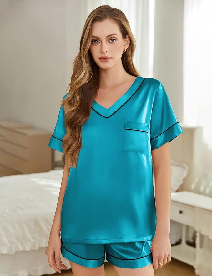 Women's Satin Pajama Set - Short Sleeve - 2 Piece