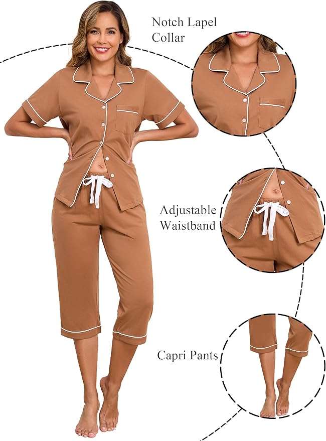 Women's 100% Cotton Capri Pajama Set - Short Sleeve - 2 Piece