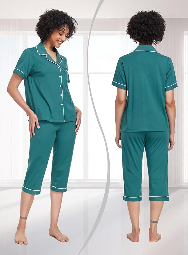 Women's 100% Cotton Capri Pajama Set - Short Sleeve - 2 Piece