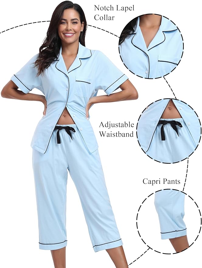 Women's 100% Cotton Capri Pajama Set - Short Sleeve - 2 Piece