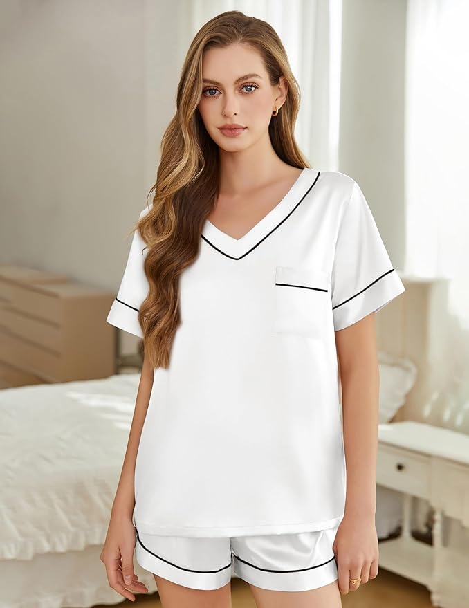Women's Satin Pajama Set - Short Sleeve - 2 Piece