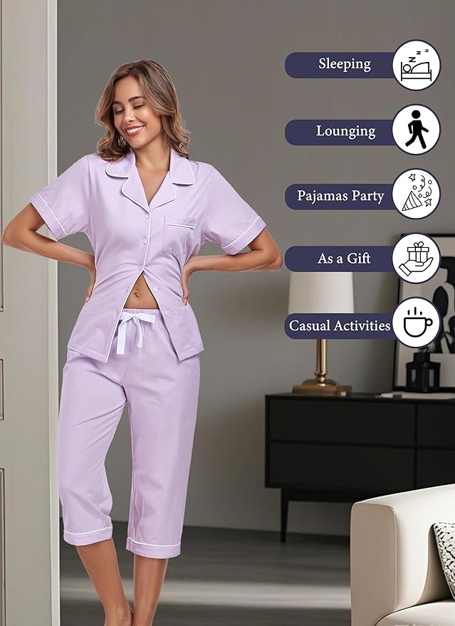 Women's 100% Cotton Capri Pajama Set - Short Sleeve - 2 Piece