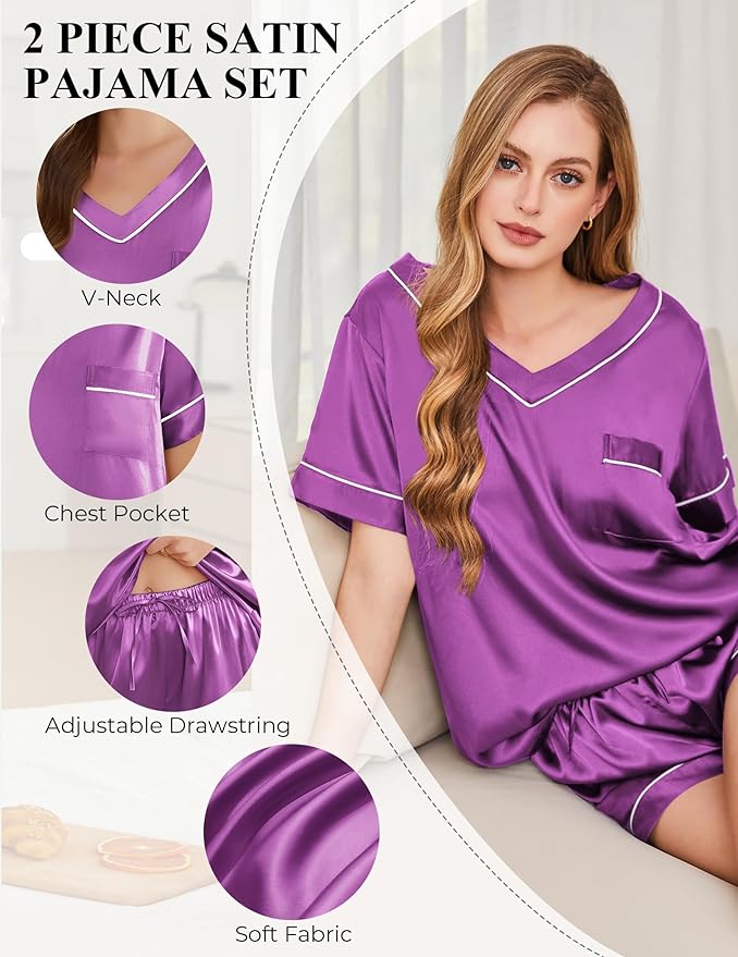 Women's Satin Pajama Set - Short Sleeve - 2 Piece